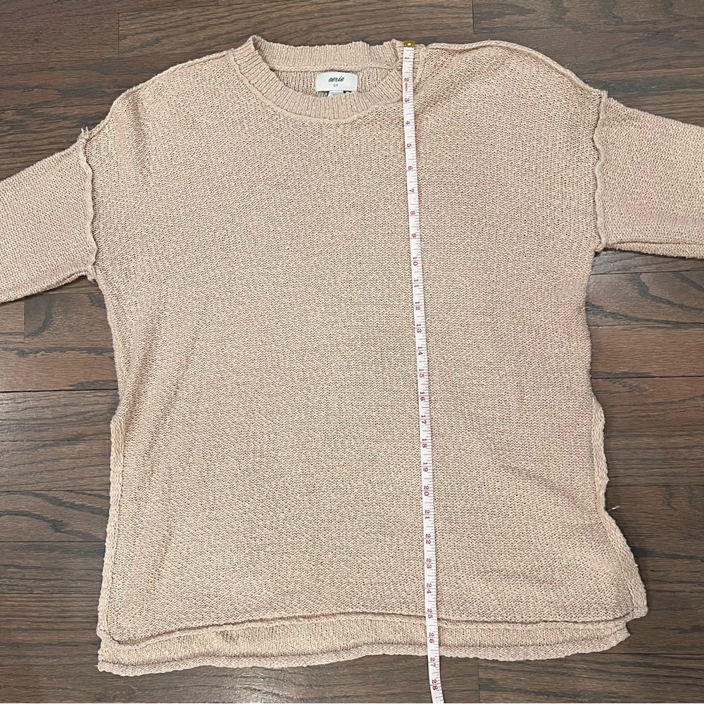 Aerie Oversized Sweater Split Hem Cotton Blend Tan Small | Loungewear Boho Arts - Picture 6 of 7